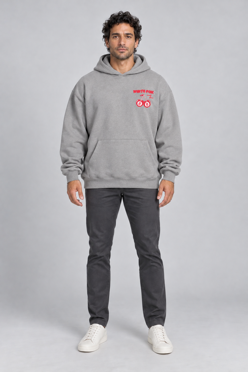 WHITE FOX Grey Hoodie with Cherry Design