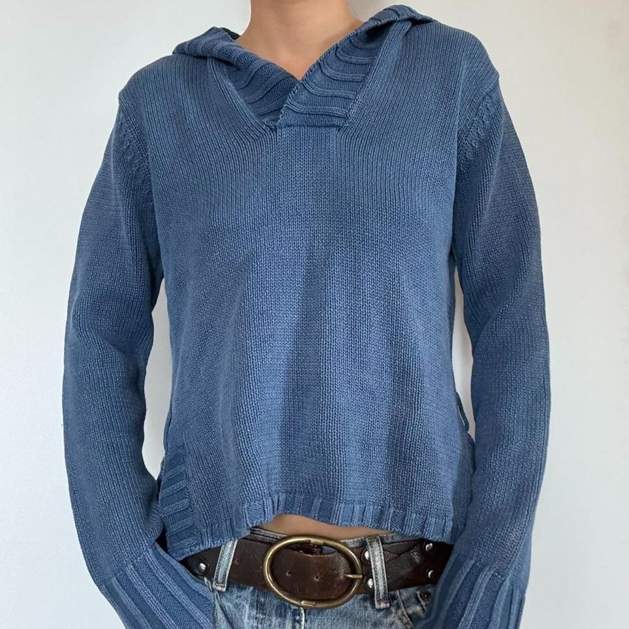 Blue knitted sweater with hood #knitwear...